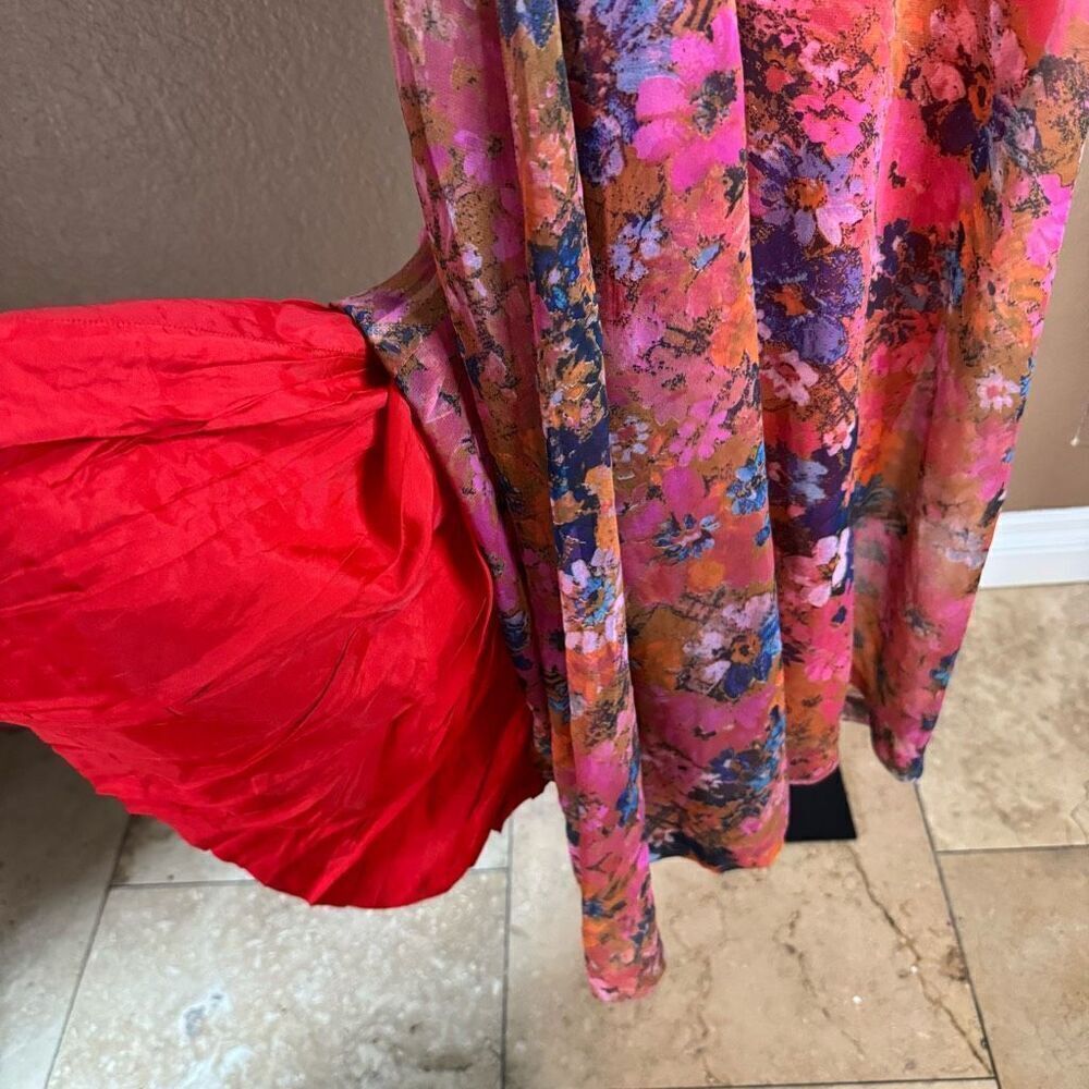 Vintage XS Sheer Sleeve Floral Maxi Dress Ruffle Pink Orange Feminine Fairycore - Picture 6 of 9